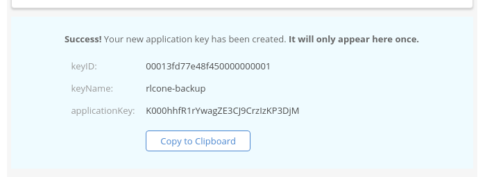 Screenshot of the new application key details