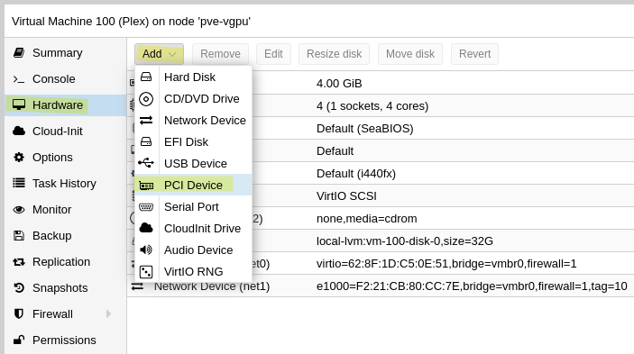 Screenshot of virtual machine hardware tab in Proxmox web gui