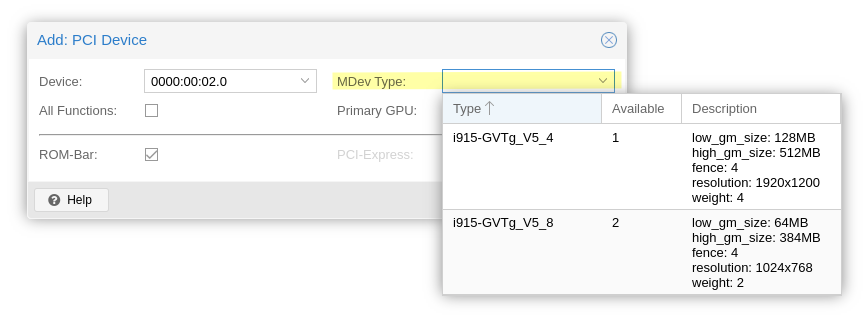 Screenshot of MDev Type selection in Proxmox web gui