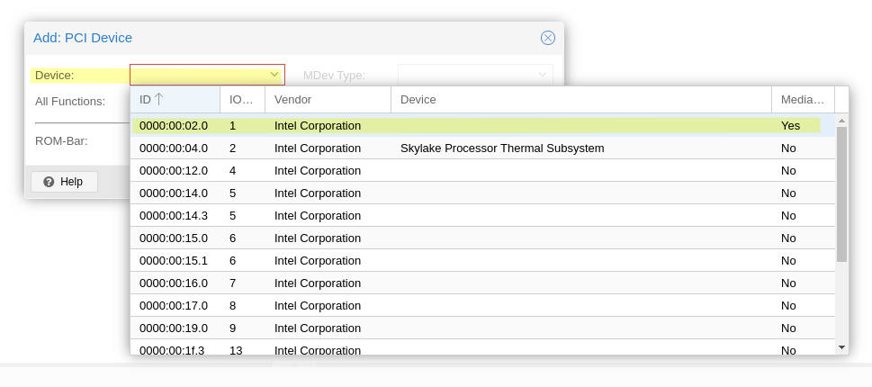 Screenshot of PCI device selection in Proxmox web gui