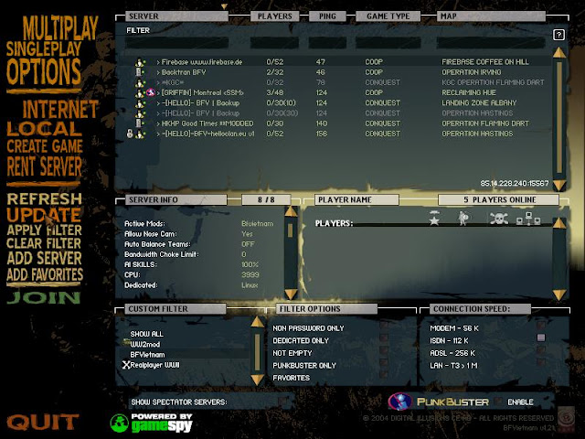 Screenshot showing the Battlefeidl Vietnam in-game server list working again after switching to OpenSpy