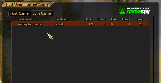 Screenshot of the in-game server browser showing a dedicated server which is waiting for players to join